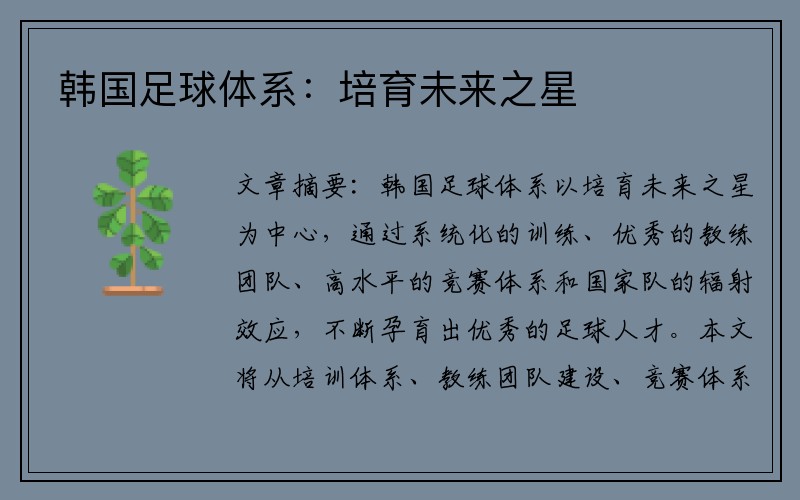 韩国足球体系：培育未来之星