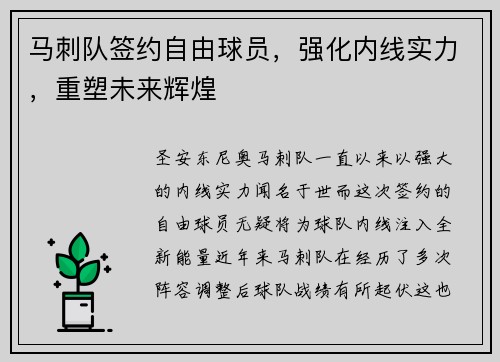 马刺队签约自由球员，强化内线实力，重塑未来辉煌
