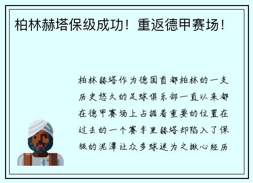 柏林赫塔保级成功！重返德甲赛场！